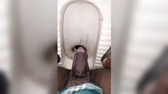 Ours noir pisse et branle sa grosse bite dans les toilettes