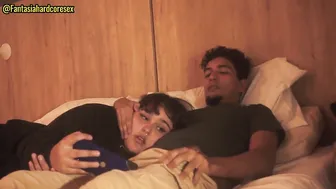 Twink stepsister gives sensual blowjob after watching a video together