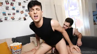 Twink with a tight ass gets barebacked hard by a hung hairy top