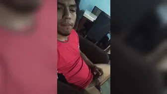 Morning twink jerks off his big cock and cums