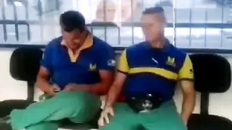 Muscular construction workers jerk off together on break