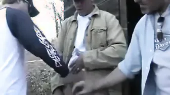 Group of daddies jerk off together in public