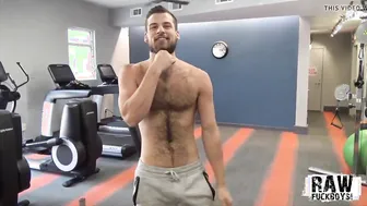 Young hairy guy strokes his big cock solo after workout