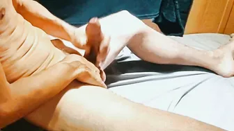 Skinny twink strokes his big cock until he shoots a huge load on hi...