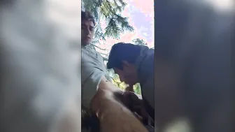 Outdoor blowjob and handjob for skinny twink