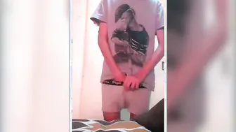 Amateur twink strokes his curved nine-inch cock