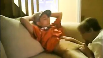 Amateur daddy gives twink his first blowjob on webcam