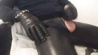 Leather-clad solo male strokes his hard cock in kinky webcam show