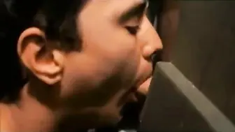 Twink sucks big cock at public glory hole and takes huge cumshot