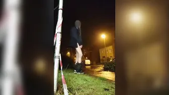 Twink with cock cage discreetly plays with his ass outside
