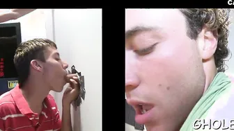 Twink sucks cock through gloryhole and swallows cum