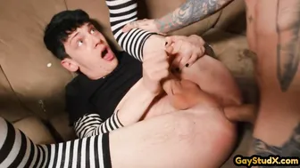 Goth twink barebacked by tattooed stud after deepthroat blowjob
