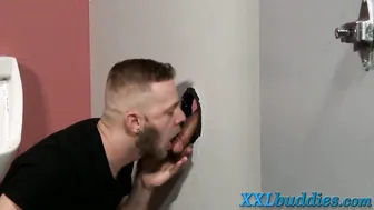 Chubby guy deepthroats big cock through gloryhole and gets fucked b...