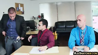 Muscled boss and employee fuck hairy bottom in office threesome