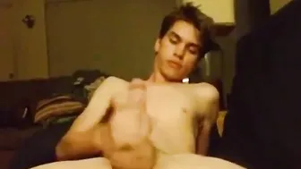 Twink amateur strokes his cock and sprays a thick cumshot