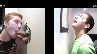 Garoto amador twink faz um boquete através de um buraco de glória