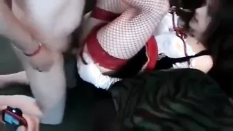 Amateur crossdresser bareback gangbang with bukkake finish