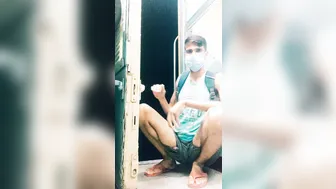 Muslim twink jerks off and gets handjob in public train