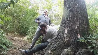 Mature bear gets anal fucked in the woods after sucking cock