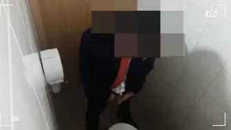 Security guard jerks big cock and cums in locker room toilet