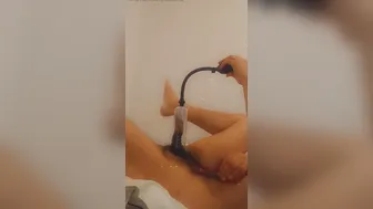 Young uncut twink uses penis pump and masturbates solo
